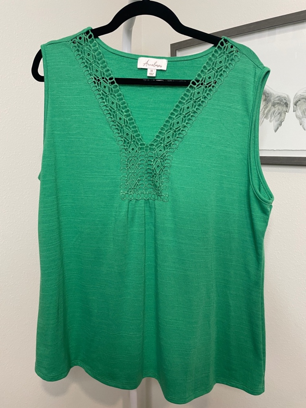 Anneliese Kelly Green Crochet V-Neck Sleeveless Tank Top